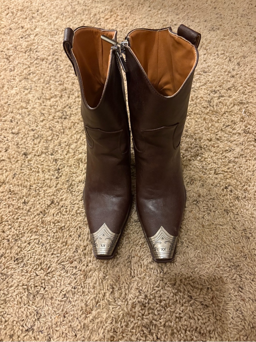 Chestnut Brown Western-Inspired Ankle Booties with Metal Toe Accent - Picture 2 of 4